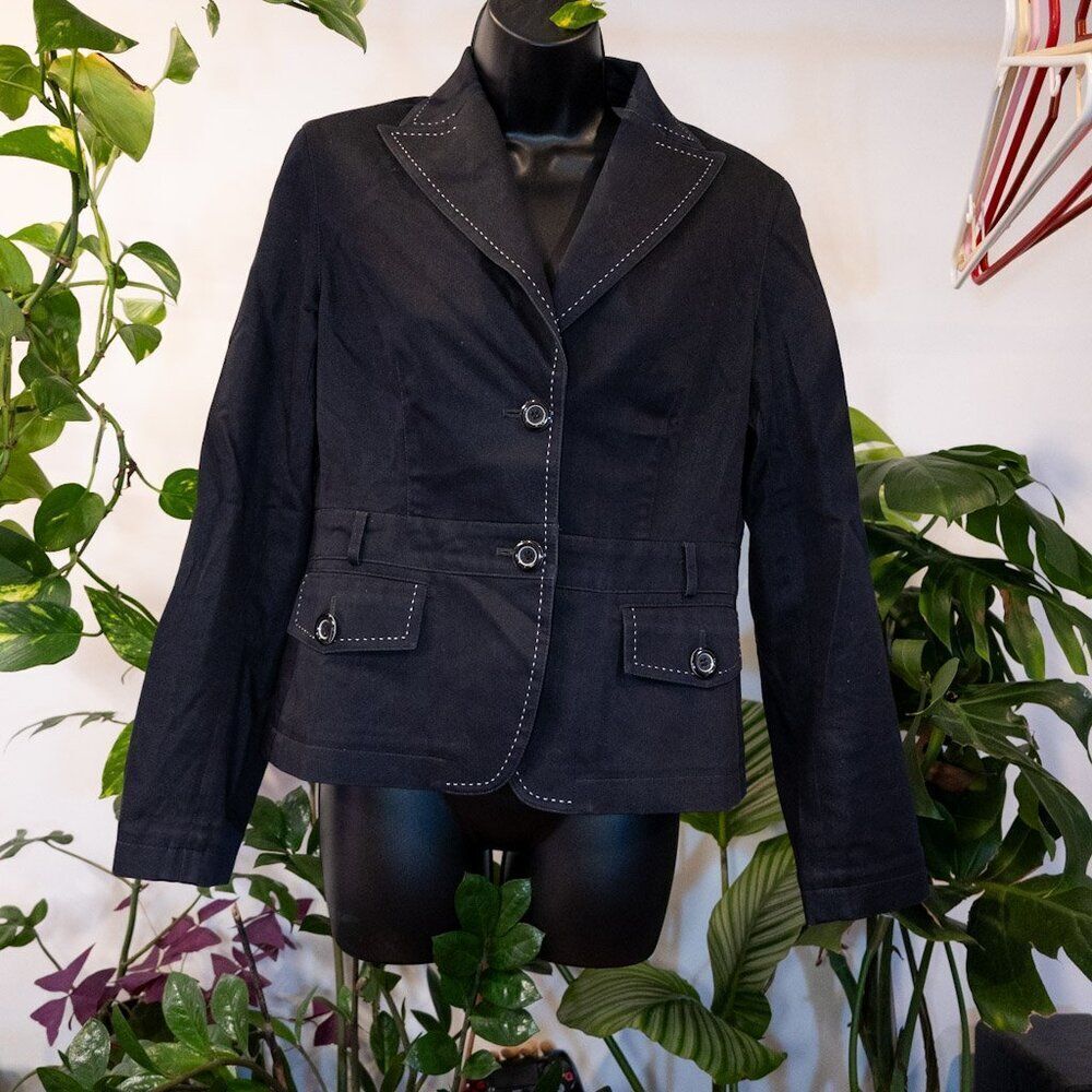 Casual Corner Black Blazer, White Embroidery Stitch, Size 4